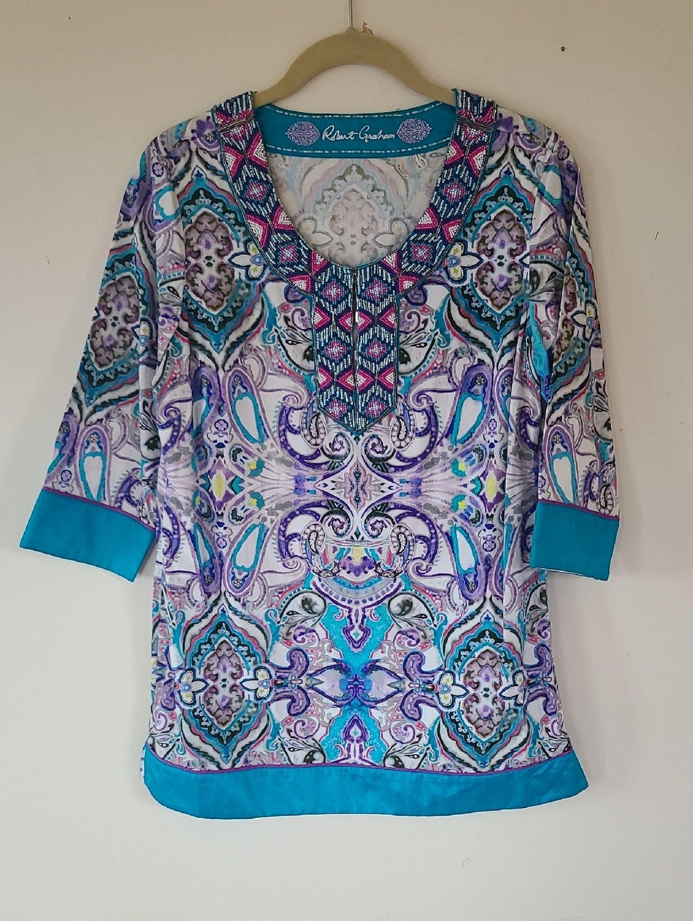 Robert Graham Turquoise & Purple Paisley Embroidered V-Neck Tunic